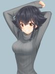  1girl arms_behind_back bangs black_hair braid breasts brown_eyes casual commentary eyebrows_visible_through_hair girls_und_panzer grey_background grey_sweater grin hair_tie highres looking_at_viewer medium_breasts pepperoni_(girls_und_panzer) ribbed_sweater ruka_(piyopiyopu) short_hair side_braid simple_background smile solo sweater turtleneck upper_body 