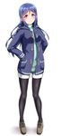  aqua_sweater black_legwear blue_coat blue_hair blush brown_footwear commentary_request duffel_coat full_body hair_down hair_ornament hairpin hands_in_pockets highres hood hood_down long_hair long_sleeves looking_at_viewer love_live! love_live!_sunshine!! matsuura_kanan pantyhose purple_eyes shoes shorts simple_background smile solo standing white_background yopparai_oni 