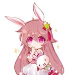  animal_ears aura_kingdom bangs blush brown_hair bunny_ears chibi closed_mouth dress eyebrows_visible_through_hair hair_between_eyes hair_ornament hand_to_own_mouth holding holding_stuffed_animal long_hair looking_at_viewer lowres maodouzi pink_dress purple_eyes serena_(aura_kingdom) simple_background solo sparkle stuffed_animal stuffed_bunny stuffed_toy very_long_hair white_background 