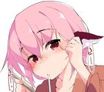  animal_ears bangs blush chopsticks collarbone eating eyebrows_visible_through_hair food hair_tucking holding japanese_clothes long_sleeves looking_at_viewer mystia_lorelei no_hat no_headwear noodles okamisty pink_hair portrait red_eyes short_hair simple_background solo sweat tera_zip touhou udon white_background 