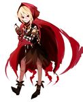  black_dress black_footwear blonde_hair chain chained cloak cuffs dress evileye full_body gold_trim holding holding_mask hood hood_up hooded_cloak looking_at_viewer mask mask_removed memmemme overlord_(maruyama) red_cloak red_eyes shackles solo vampire 