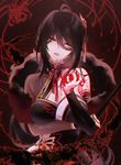  ara_han asymmetrical_sleeves az_(zero_glvimayhop) black_hair breasts cleavage crying crying_with_eyes_open detached_sleeves devi_(elsword) elsword flower hair_between_eyes head_tilt holding holding_flower large_breasts long_hair looking_at_viewer parted_lips solo spider_lily tears upper_body yellow_eyes 