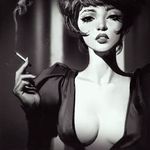  breasts cigarette collarbone covered_nipples face greyscale highres ilya_kuvshinov lips looking_at_viewer medium_breasts monochrome original parted_lips resized resizing_artifacts short_hair smoke smoking solo upper_body upscaled 