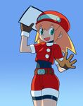  1girl bangs belt blonde_hair blue_background bodysuit brown_gloves buttons capcom eybrows_visible_through_hair gloves gradient gradient_background green_eyes hat holding looking_at_viewer looking_to_the_side open_mouth rockman rockman_dash roll_caskett shorts sidelocks simple_background sleeves_rolled_up smile solo 