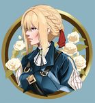  bangs blonde_hair blue_eyes blue_jacket braid brooch dress flower frame hair_between_eyes hair_intakes hair_ribbon highres jacket jewelry kouichi09 long_sleeves red_ribbon ribbon simple_background solo strap violet_(flower) violet_evergarden violet_evergarden_(character) 