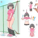  1girl assisted_exposure black_eyes black_hair blush bottle bra bungee_cord chain-link_fence comic commentary covering covering_crotch embarrassed fence groin himeshaga hook humiliation midriff navel numbered_panels original panties panty_pull pink_shirt polo_shirt shirt shirt_lift shirt_tug shoes short_hair shorts shorts_pull sneakers training_bra underwear water_bottle white_bra white_panties 