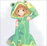  :d antenna_hair arm_up blush brown_hair cardcaptor_sakura detached_sleeves frog_hood frog_raincoat green_eyes grey_background hair_ornament hairclip hakusai_(tiahszld) head_tilt hood hood_up kinomoto_sakura long_sleeves looking_at_viewer open_mouth raincoat simple_background sleeveless sleeves_past_wrists smile solo 