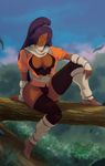  1girl areola bleach breasts curvy dark_skin day erect_nipples forest large_breasts nipples open_clothes purple_hair pussy revealing_clothes see-through shihouin_yoruichi sitting thick_thighs tovio_rogers tree yellow_eyes 