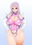  absurdres ass_visible_through_thighs bare_shoulders blush breasts cleavage cleavage_cutout covered_navel demon_girl elbow_gloves gloves grin hands_on_hips highres large_breasts leotard long_hair looking_at_viewer original purple_eyes purple_hair smh1069 smile solo succubus white_gloves 