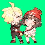  1girl bag beanie black_hair black_pants blonde_hair chibi gladio_(pokemon) green_background green_eyes green_shorts hair_over_one_eye handbag hat long_sleeves lowres mizuki_(pokemon) one_eye_closed open_mouth pants pokemon pokemon_(game) pokemon_sm red_hat shirt short_hair short_sleeves shorts simple_background tied_shirt torn_clothes torn_pants zuizi 