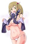  blonde_hair blush breasts fang fangs green_eyes groin highres inuyama_aoi kumoi_takashi large_breasts naked_scarf navel panties scarf side-tie_panties simple_background solo underwear white_background white_panties yurucamp 