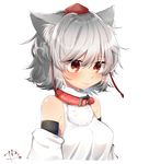  abe_suke animal_ears bangs blush breasts brown_eyes closed_mouth collar commentary_request detached_sleeves eyebrows_visible_through_hair grey_hair hat inubashiri_momiji medium_breasts pom_pom_(clothes) red_hat short_hair signature simple_background solo sweat tokin_hat touhou upper_body white_background wolf_ears 