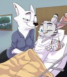  2018 akiric anthro arctic_fox bed blue_eyes canine cast chest_tuft clothed clothing disney duo ear_markings facial_markings female fox fur_markings half-closed_eyes hospital_bed jack_savage lagomorph male mammal markings on_bed one_eye_closed painting pillow rabbit skye_(zootopia) sling smile tenting tuft under_covers zootopia 