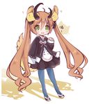  ahoge animal_ear_fluff animal_ears bangs black_jacket black_ribbon black_skirt blade_&amp;_soul blue_legwear blush brown_hair eyebrows_visible_through_hair full_body green_eyes hair_between_eyes hair_ribbon horns jacket long_hair long_sleeves looking_at_viewer lyn_(blade_&amp;_soul) maodouzi pantyhose parted_lips ribbon shoes skirt sleeves_past_wrists solo standing star star-shaped_pupils symbol-shaped_pupils tail twintails upper_teeth very_long_hair white_background white_footwear 