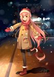  2017 :o ankle_boots artist_name beanie blurry blurry_background blush boots brown_eyes coat eyebrows_visible_through_hair full_body fur-trimmed_boots fur_trim hair_ornament hairclip happy_new_year hat light long_hair long_sleeves mittens new_year night night_sky noodle-y open_mouth original outdoors pantyhose pink_hair pocket red_footwear red_scarf road scarf shadow signature sky solo standing standing_on_one_leg street very_long_hair winter_clothes winter_coat 