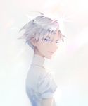  androgynous antarcticite blue_eyes gem_uniform_(houseki_no_kuni) highres houseki_no_kuni karesuki looking_at_viewer short_hair short_sleeves smile solo white_hair 