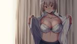  amano_don bra breasts cleavage commentary_request copyright_request grey_hair hair_ornament hairclip highres large_breasts mole mole_under_eye open_clothes open_shirt red_eyes school_uniform short_hair skirt solo sweat underwear upper_body white_bra 