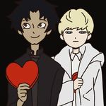  asuka_ryou black_background black_hair blonde_hair blue_eyes brown_eyes cleft_chin devilman devilman_crybaby fudou_akira heart hiding jitome looking_to_the_side male_focus multiple_boys official_art simple_background valentine white_coat 