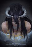  albedo bare_shoulders black_hair demon_girl demon_horns dress from_above hair_between_eyes highres horns jewelry long_hair necklace omohiro overlord_(maruyama) solo very_long_hair yellow_eyes 