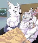  2018 akiric anthro arctic_fox bed blue_eyes breasts canine cast chest_tuft clothed clothing disney duo ear_markings facial_markings female fox fur_markings half-closed_eyes hospital_bed jack_savage lagomorph male mammal markings nipples on_bed one_eye_closed painting pillow rabbit shirt_down skye_(zootopia) sling smile tenting tuft under_covers zootopia 