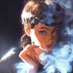  between_fingers blade_runner brown_eyes brown_hair cigarette face ilya_kuvshinov lips long_hair looking_at_viewer rachel_(blade_runner) smoke solo 