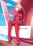  armlet bangs blue_sky bodysuit breasts closed_mouth covered_navel darling_in_the_franxx day eyebrows_visible_through_hair full_body green_eyes hairband long_hair looking_away medium_breasts mountainous_horizon pilot_suit pink_hair red_bodysuit sitting skin_tight sky smile solo straight_hair very_long_hair violetsang white_hairband wind zero_two_(darling_in_the_franxx) 