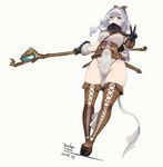  blue_eyes blush boots breasts covered_navel dated drape gauntlets groin highres holding holding_staff large_breasts long_hair looking_at_viewer mole mole_under_eye original pandea_work pouch sheath sheathed smile solo staff sword thigh_boots thighhighs w weapon white_hair 