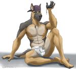  2018 5_fingers 5_toes abs anthro backwards_baseball_cap barefoot baseball_cap biped black_claws black_eyebrows black_fur black_nose black_tail brown_fur brown_tail canine chastity chastity_cage claws clothed clothing digital_media_(artwork) dog dog_tags eyebrows facial_piercing feet front_view fur german_shepherd green_eyes hat jockstrap key lock looking_at_viewer male mammal multicolored_fur multicolored_tail muscular muscular_male nipple_piercing nipples nose_piercing nose_ring pecs piercing pink_nipples sampsonwoof septum_piercing signature simple_background sitting snout solo story story_in_description tan_fur toe_claws toes topless two_tone_tail underwear white_background white_bottomwear white_clothing white_underwear 