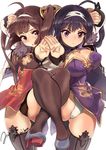 :&lt; :o ahoge arm_up artist_name ass_visible_through_thighs azur_lane bangs black_legwear black_panties breasts brown_hair cameltoe china_dress chinese_clothes cleavage cleavage_cutout closed_mouth covered_nipples dragon_print dress eyebrows_visible_through_hair fighting_stance fur_collar hair_rings hairband high_heels highres large_breasts leg_up long_sleeves looking_at_viewer mi_mi_ham multiple_girls ning_hai_(azur_lane) open_mouth panties ping_hai_(azur_lane) pink_eyes purple_dress purple_hair red_eyes remodel_(azur_lane) shoes simple_background small_breasts thighhighs thighs twintails twitter_username underwear v-shaped_eyebrows white_background white_hairband white_panties 