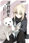  animal artoria_pendragon_(all) black_legwear black_ribbon black_scarf black_shirt black_shorts blush dog dress_shirt eyebrows_visible_through_hair fate/stay_night fate_(series) hair_between_eyes hair_ribbon pantyhose pantyhose_under_shorts ribbon saber_alter scarf shiba_inu shirt shiseki_hirame short_shorts shorts sidelocks silver_hair sitting smile solo tied_hair translated yellow_eyes 