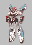  80s autobot blue_eyes commentary_request full_body grey_background highres insignia jeulove-sma11-white no_humans oldschool prowl simple_background solo standing transformers 