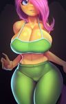  2018 anthro big_breasts blue_eyes bra breasts cleavage clothed clothing equine female fluttershy_(mlp) friendship_is_magic hair hair_over_eye huge_breasts looking_at_viewer maarthul mammal midriff my_little_pony pants solo sports_bra thick_thighs underwear 