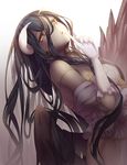  albedo bare_shoulders black_wings breasts demon_girl demon_horns demon_wings dress gloves hair_between_eyes horns large_breasts long_hair looking_at_viewer open_mouth overlord_(maruyama) smile solo tenmuki white_dress white_gloves wings yellow_eyes 