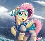  blue_eyes bugplayer clothed clothing detailed_background equine eyelashes feathered_wings feathers female feral fluttershy_(mlp) friendship_is_magic hair hooves mammal my_little_pony outside pegasus pink_hair raining smile wings 