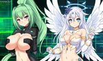  armlet artist_name bangs black_gloves black_heart blue_eyes breasts choujigen_game_neptune cleavage closed_mouth detached_collar elbow_gloves eyebrows_visible_through_hair feathered_wings flower four_goddesses_online:_cyber_dimension_neptune gloves green_hair green_heart hair_flaps hair_flower hair_ornament halo hands_on_own_chest high_ponytail kainkout large_breasts long_hair looking_at_viewer medium_breasts multiple_girls navel neptune_(series) purple_eyes revealing_clothes shiny shiny_hair smile upper_body very_long_hair white_gloves white_hair white_wings wings 