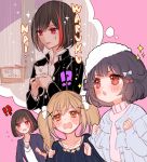  !? 3girls :&lt;&gt; animal bang_dream! bangs black_hair black_jacket black_shirt blonde_hair blue_bow blue_jacket bob_cut bow box brown_eyes cardboard_box cat chino_machiko clenched_hands collarbone collared_shirt commentary_request dirty_face flying_sweatdrops for_adoption frilled_jacket fur_hat hair_bow hair_flaps hair_ornament hands_up hat holding holding_animal holding_cat ichigaya_arisa imagining jacket jewelry kitten mitake_ran multicolored_hair multiple_girls navy_blue_jacket necklace open_mouth pink_background pom_pom_(clothes) purple_eyes rain red_bow red_eyes red_hair romaji_text school_uniform shirt short_hair sparkle star star_necklace streaked_hair sweatdrop translation_request turtleneck twintails ushigome_rimi v-shaped_eyebrows white_hat white_shirt x_hair_ornament 