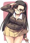  ;) asymmetrical_bangs bangs bespectacled black_hair breasts brown-framed_eyewear brown_eyes chi-hatan_military_uniform cleavage commentary_request cowboy_shot girls_und_panzer glasses jacket large_breasts leaning_forward long_hair looking_at_viewer nishi_kinuyo one_eye_closed outside_border pleated_skirt salute shinshin skirt smile solo standing twitter_username 