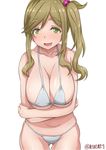  1girl arinotowatari blush breast_hold breasts crossed_arms eyebrows green_eyes green_hair inuyama_aoi large_breasts leaning_forward ponytail side_ponytail smile solo stomach thick_eyebrows yurucamp 