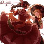  alternate_costume alternate_hairstyle blonde_hair braid brown_hair commentary cross crucifix dancing dress eye_contact hair_ribbon hair_tubes hakurei_reimu hat hat_tip jewelry kirisame_marisa long_hair looking_at_another mariachi mefomefo mexican mexican_dress multiple_girls necklace ribbon sash shawl single_braid skirt_hold smile sombrero touhou yellow_eyes 