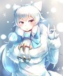  absurdres animal_ears arctic_fox_(kemono_friends) blue_capelet blush capelet closed_mouth coat eyebrows_visible_through_hair fox_ears fox_shadow_puppet fox_tail fur_trim gloves hand_up highres kanzakietc kemono_friends long_hair looking_at_viewer smile solo tail upper_body white_coat white_gloves white_hair winter_clothes winter_coat yellow_eyes 