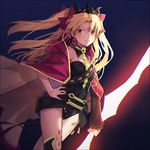  asymmetrical_legwear asymmetrical_sleeves bangs black_dress black_legwear blonde_hair bow breasts brown_cape cape closed_mouth dress earrings ereshkigal_(fate/grand_order) eyebrows_visible_through_hair fate/grand_order fate_(series) fingernails hair_between_eyes hair_bow hakusai_(tiahszld) hand_on_hip holding infinity jewelry long_hair long_sleeves looking_away looking_to_the_side medium_breasts multicolored multicolored_cape multicolored_clothes nail_polish orange_eyes purple_bow purple_cape purple_nails single_sleeve single_thighhigh skull smile solo spine strapless strapless_dress thighhighs tiara two_side_up 