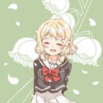  :d ^_^ acacia arms_behind_back blonde_hair blush bow closed_eyes collarbone dress eyebrows_visible_through_hair floral_background flower green_background hair_flower hair_ornament inubouzaki_itsuki lily_of_the_valley open_mouth petals pleated_dress red_bow sanshuu_middle_school_uniform smile solo vest white_dress yuuki_yuuna_wa_yuusha_de_aru yuusha_de_aru 