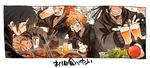  4boys absurdres alcohol axel_(kingdom_hearts) beer black_hair blonde_hair blue_eyes bowl chopsticks demyx drunk food food_in_mouth highres kingdom_hearts kingdom_hearts_358/2_days meat moogle multiple_boys nobody_(kingdom_hearts) rice rice_bowl roxas sleeping toast_(gesture) tomatoyama xaldin xion_(kingdom_hearts) yakiniku 