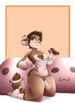  4_toes 5_fingers anthro brown_hair female fur hair hi_res kneeling mammal midriff navel off_shoulder pink_eyes pink_nose short_hair solo suelix tan_fur thick_thighs toes wide_hips 