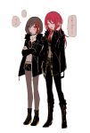  2girls :t bang_dream! bangs black_choker black_footwear black_hair black_jacket black_legwear black_pants black_shorts blush boots chino_machiko choker crop_top crossed_arms eyes_closed fishnets full_body fur-trimmed_jacket fur_trim hair_tubes jacket jewelry long_hair long_sleeves mitake_ran multicolored_hair multiple_girls open_mouth pants pantyhose pendant pout purple_eyes red_hair short_hair short_shorts shorts simple_background standing streaked_hair sweatdrop translation_request udagawa_tomoe white_background 