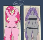  2015 anthro anthrofied big_breasts breast_size_difference breasts clothed clothing cucumber duo earth_pony equine female food friendship_is_magic hi_res horse huge_breasts hugtastic_pinkie_pie mammal maud_pie_(mlp) my_little_pony pinkie_pie_(mlp) pony sibling sisters skimpy slightly_chubby somescrub thong topless vegetable 