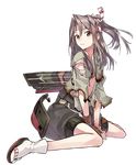  aircraft airplane arrow brown_eyes brown_hair camouflage clog_sandals full_body gloves hachimaki hair_ribbon hakama headband high_ponytail japanese_clothes kantai_collection konishi_(koconatu) light_brown_hair long_hair long_sleeves lowres official_art partly_fingerless_gloves ponytail remodel_(kantai_collection) ribbon single_glove solo transparent_background yugake zuihou_(kantai_collection) 