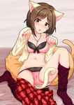  animal_ears bangs bed bed_sheet blush bow bow_bra bow_panties bra breasts brown_hair cameltoe cat_ears cat_tail cleavage collarbone eyebrows_visible_through_hair fang feet_out_of_frame green_eyes head_tilt idolmaster idolmaster_cinderella_girls jewelry knee_up looking_at_viewer lying maekawa_miku medium_breasts momoda_yasuhito navel necklace on_back open_clothes panties paw_pose pink_bra pink_panties plaid plaid_skirt pleated_skirt purple_legwear reclining red_skirt short_hair skirt skirt_around_one_leg sleeves_past_wrists solo tail thighhighs thighhighs_pull underwear 