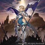  ahoge armor banner blonde_hair boobplate boots breastplate castle closed_mouth cloud cloudy_sky contrapposto day flag gauntlets green_eyes hair_over_one_eye holding light_frown light_rays looking_at_viewer matsui_hiroaki official_art pelvic_curtain ruins sky solo standing valkyrie_connect watermark 