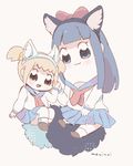  :3 :d animal_ears artist_name bangs blue_eyes blue_hair blue_sailor_collar blue_skirt blunt_bangs blush bow chibi closed_mouth commentary_request fake_animal_ears fake_tail grey_background hair_bow hair_ornament hair_scrunchie hairband highres holding_hand long_sleeves looking_at_viewer manino_(mofuritaionaka) multiple_girls neckerchief open_mouth orange_hair pipimi pleated_skirt poptepipic popuko red_bow red_neckwear sailor_collar scrunchie shirt signature simple_background skirt smile tail twintails white_shirt 